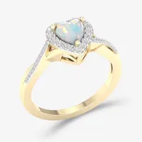 Womens Genuine Opal & 1/6 CT. T.W. Diamond 10K Gold Heart Halo Crossover Cocktail Ring