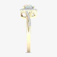 Womens Genuine Opal & 1/6 CT. T.W. Diamond 10K Gold Heart Halo Crossover Cocktail Ring