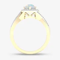 Womens Genuine Opal & 1/6 CT. T.W. Diamond 10K Gold Heart Halo Crossover Cocktail Ring