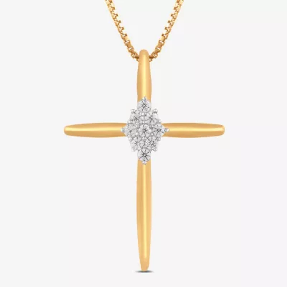 Diamond Blossom Womens 1/10 CT. T.W. Lab Grown White Diamond 14K Gold Over Silver Cross Pendant Necklace