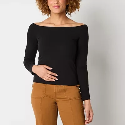 a.n.a Womens Long Sleeve Off the Shoulder Ribbed Top