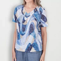 Alfred Dunner Blue Bayou Womens V Neck Short Sleeve T-Shirt