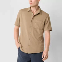 Stylus Mens Regular Fit Short Sleeve Textured Knit Button-Down Shirt