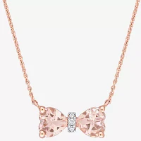 Womens Genuine Pink Morganite 10K Rose Gold Bow 17 Inch Pendant Necklace
