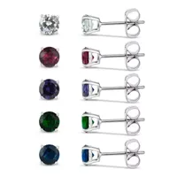 Sterling Silver 5mm Simulated Gemstone 5 Earring Pair Set