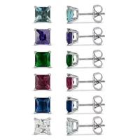 Sterling Silver 5mm Square Simulated Gemstone 6 Earring Pair Set