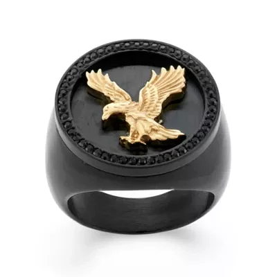 Mens Crystal Stainless Steel & Black IP Eagle Signet Ring