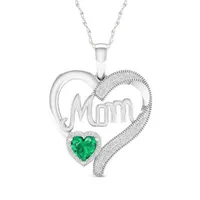 "Mom" Womens Lab Created Green Emerald Sterling Silver Heart Pendant Necklace