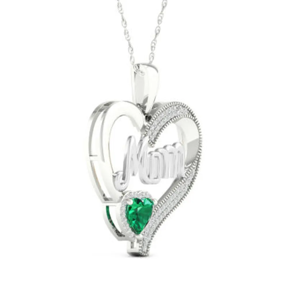 "Mom" Womens Lab Created Green Emerald Sterling Silver Heart Pendant Necklace