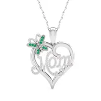 Mom Womens Lab Created Green Emerald Sterling Silver Butterfly Heart Pendant Necklace