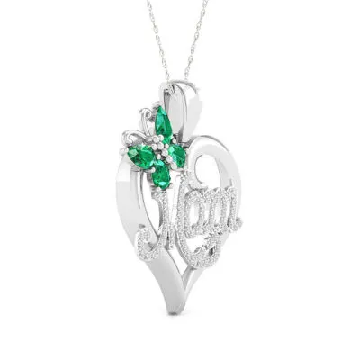 Mom Womens Lab Created Green Emerald Sterling Silver Butterfly Heart Pendant Necklace