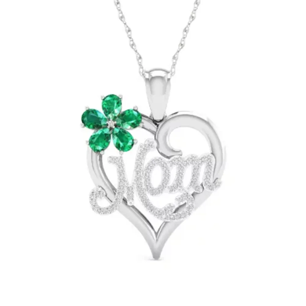 Mom Womens Lab Created Green Emerald Sterling Silver Flower Heart Pendant Necklace