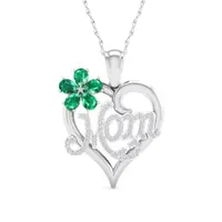 Mom Womens Lab Created Green Emerald Sterling Silver Flower Heart Pendant Necklace