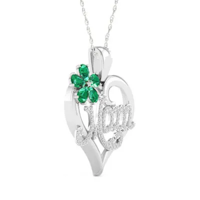 Mom Womens Lab Created Green Emerald Sterling Silver Flower Heart Pendant Necklace