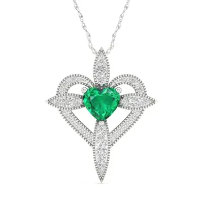 Womens Lab Created Green Emerald Sterling Silver Cross Heart Pendant Necklace