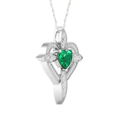 Womens Lab Created Green Emerald Sterling Silver Cross Heart Pendant Necklace