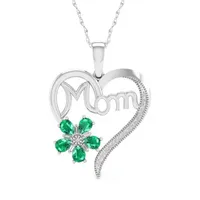 Mom Womens Lab Created Green Emerald Sterling Silver Flower Heart Pendant Necklace