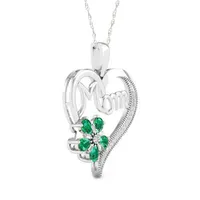 Mom Womens Lab Created Green Emerald Sterling Silver Flower Heart Pendant Necklace