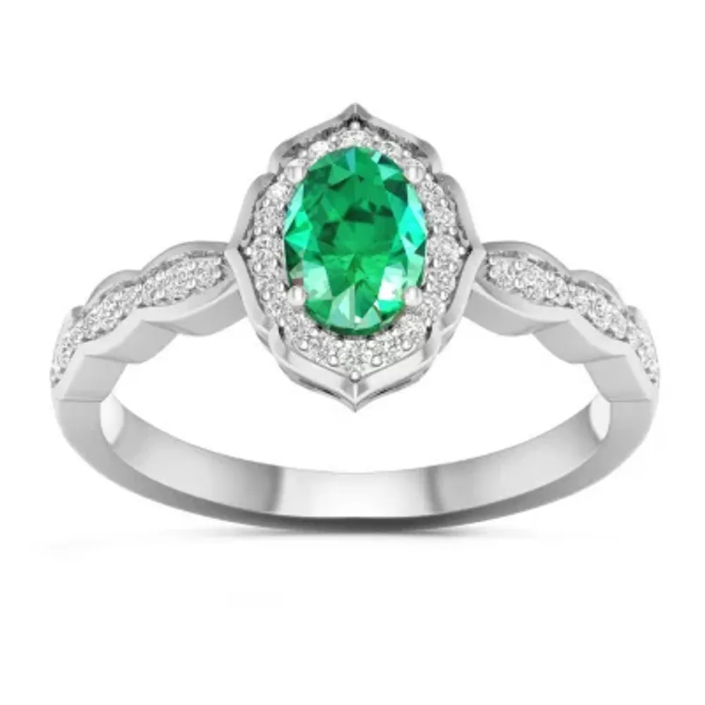 Womens Genuine Green Emerald 10K White Gold Halo Cocktail Ring