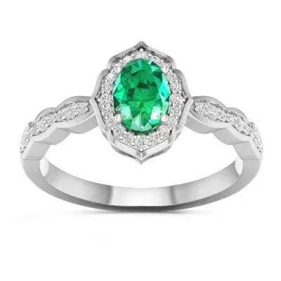 Womens Genuine Green Emerald 10K White Gold Halo Cocktail Ring