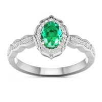 Womens Genuine Green Emerald 10K White Gold Halo Cocktail Ring