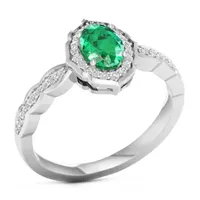 Womens Genuine Green Emerald 10K White Gold Halo Cocktail Ring