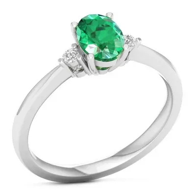 Womens Genuine Green Emerald 10K White Gold 3-Stone Cocktail Ring