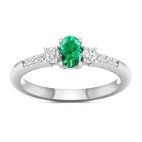 Womens Genuine Green Emerald 10K White Gold 3-Stone Cocktail Ring