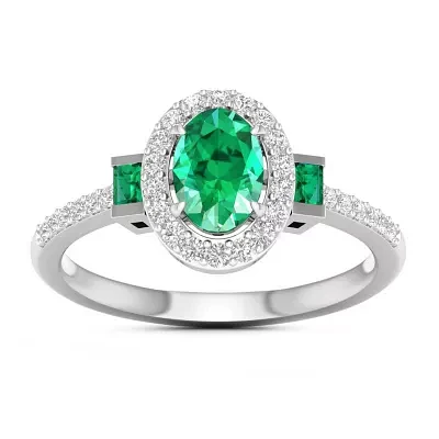 Womens Genuine Green Emerald 10K White Gold 3-Stone Cocktail Ring