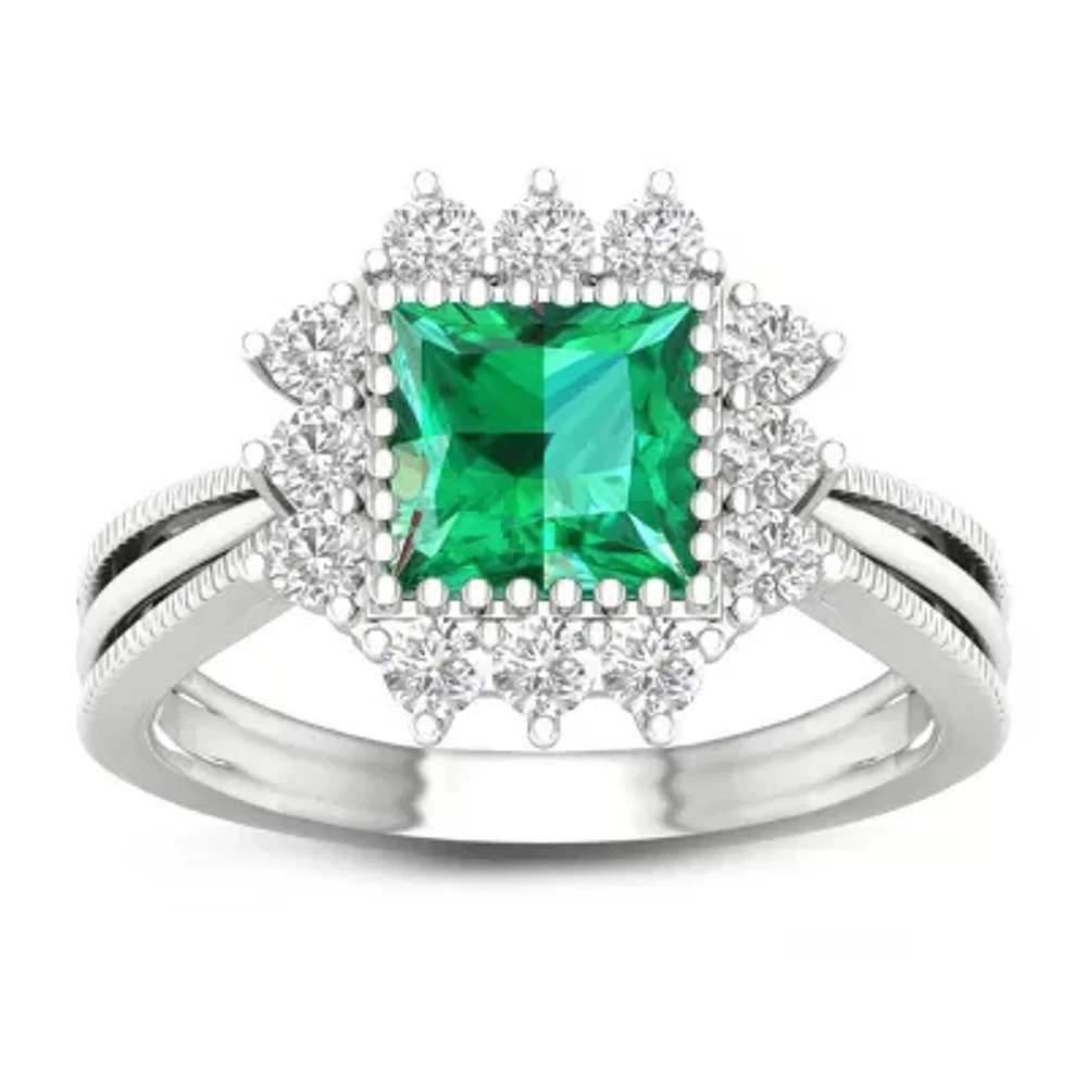 Womens Lab Created Green Emerald Sterling Silver Cocktail Ring