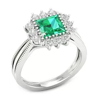 Womens Lab Created Green Emerald Sterling Silver Cocktail Ring