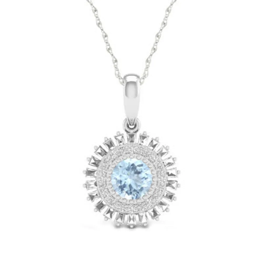 Womens Genuine Blue Aquamarine Sterling Silver Round Pendant Necklace