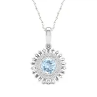 Womens Genuine Blue Aquamarine Sterling Silver Round Pendant Necklace