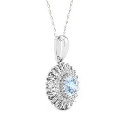 Womens Genuine Blue Aquamarine Sterling Silver Round Pendant Necklace