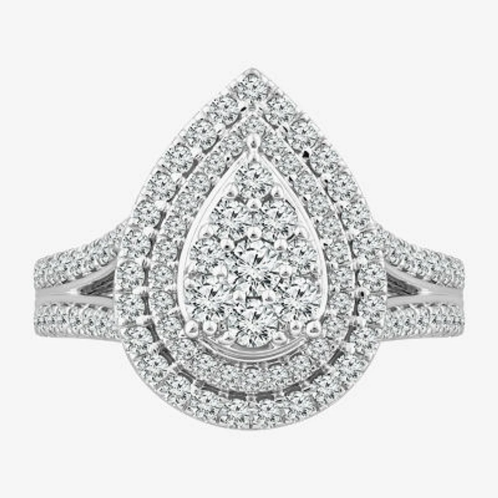 Womens 1 CT. T.W. Natural White Diamond 10K Gold Pear Halo Engagement Ring