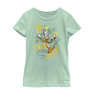 Disney Collection Little & Big Girls D100 Crew Neck Short Sleeve Beauty and the Beast Graphic T-Shirt