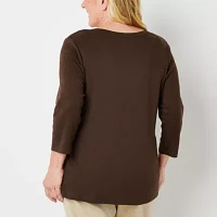 St. John's Bay Womens Plus V Neck 3/4 Sleeve T-Shirt
