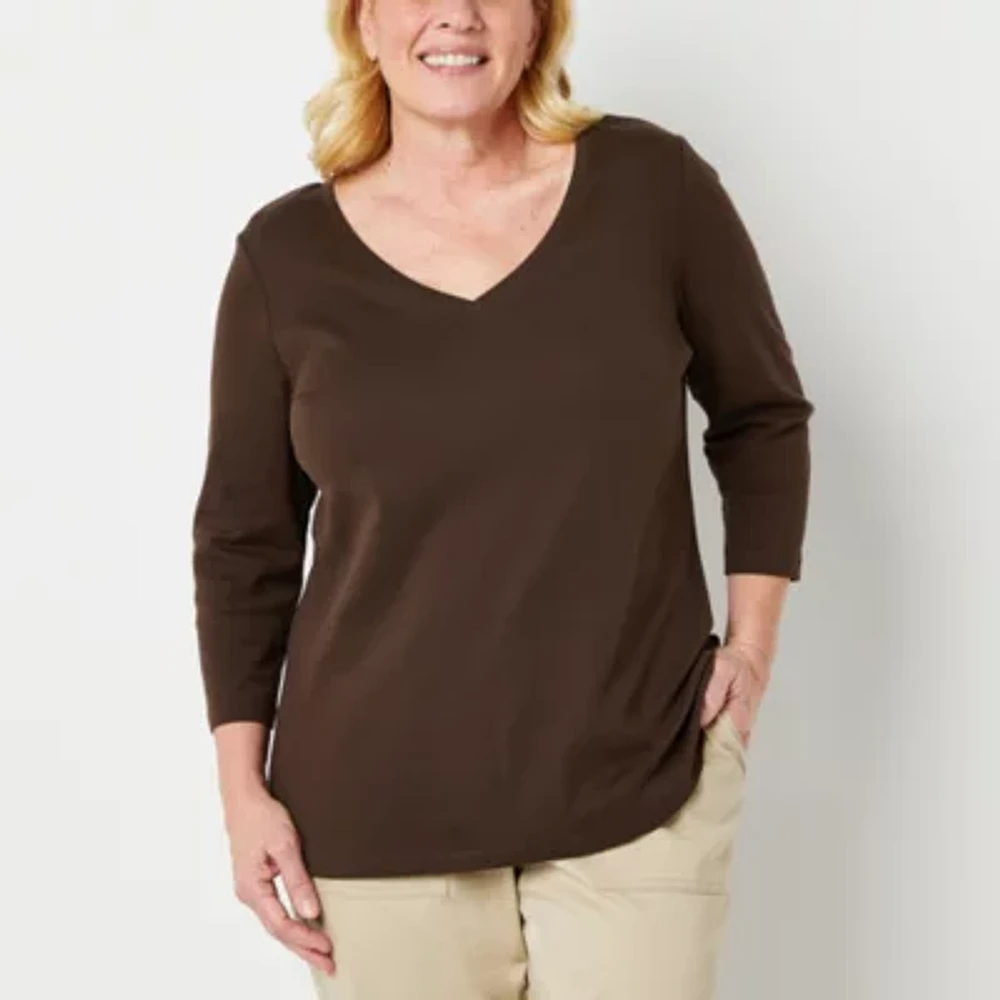 St. John's Bay Womens Plus V Neck 3/4 Sleeve T-Shirt