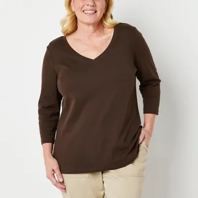 St. John's Bay Womens Plus V Neck 3/4 Sleeve T-Shirt