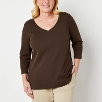 St. John's Bay Womens Plus V Neck 3/4 Sleeve T-Shirt