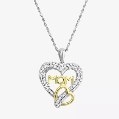 Diamonart "Mom" Womens White Cubic Zirconia Sterling Silver Heart Pendant Necklace