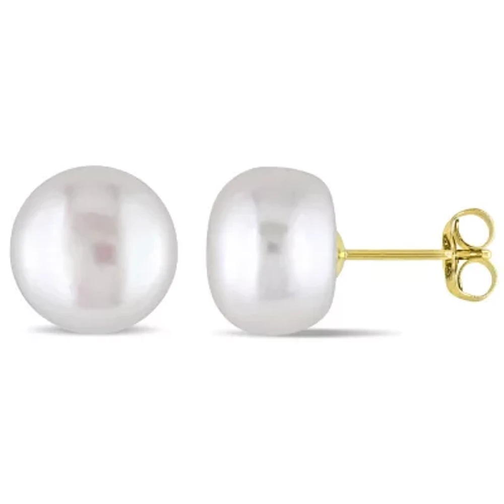 White Cultured Freshwater Button Pearl 10K Yellow Gold Earrings 