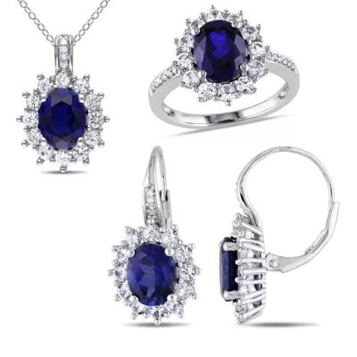 Lab-Created Blue Sapphire and Diamond Sterling Silver Earring, Ring, Pendant Necklace 3-Piece Set