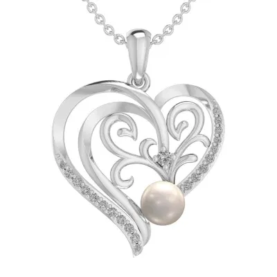 Womens White Cultured Freshwater Pearl Sterling Silver Heart Pendant Necklace