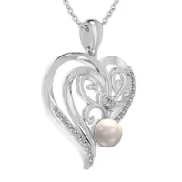 Womens White Cultured Freshwater Pearl Sterling Silver Heart Pendant Necklace