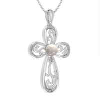 Womens White Cultured Freshwater Pearl Sterling Silver Cross Pendant Necklace