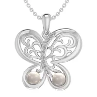 Womens White Cultured Freshwater Pearl Sterling Silver Butterfly Pendant Necklace