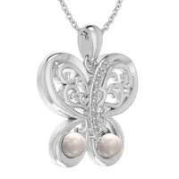 Womens White Cultured Freshwater Pearl Sterling Silver Butterfly Pendant Necklace