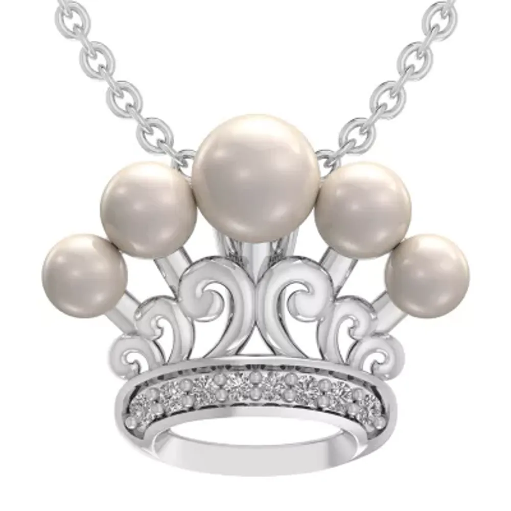 Womens White Cultured Freshwater Pearl Sterling Silver Crown Pendant Necklace