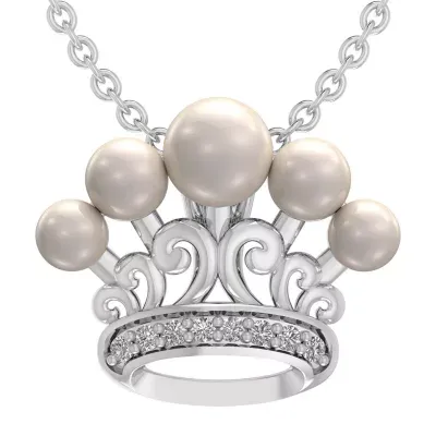 Womens White Cultured Freshwater Pearl Sterling Silver Crown Pendant Necklace